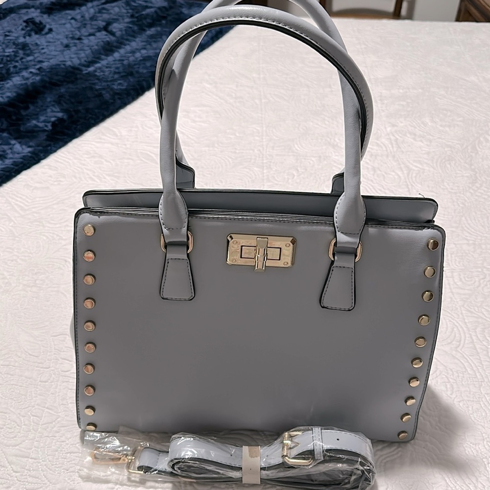 Gray Satchel Handbag with Gold Hardware - Women's Satchel